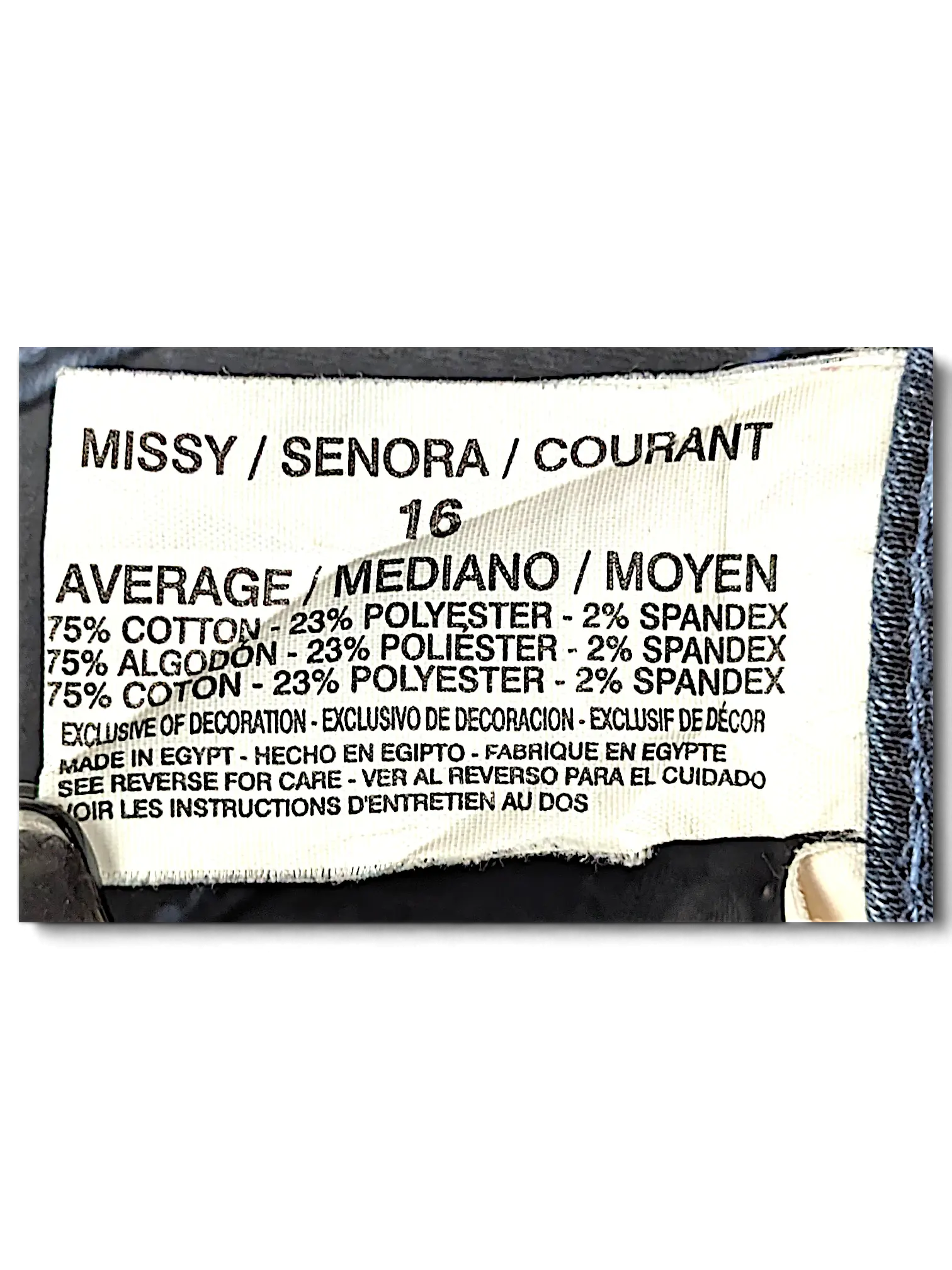 JAKE & IPI Gloria Vanderbilt Missy Bridget slim leg pants size 16 fabric care label showing cotton blend composition
