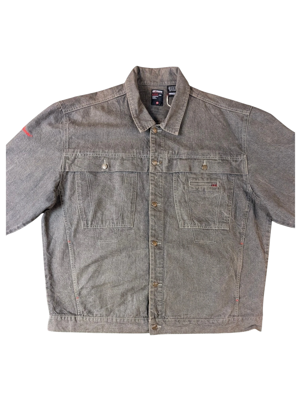 JAKE & IPI A.C.P grey denim jacket with red accent on sleeve and chest pocket detail.