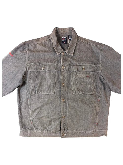 JAKE & IPI A.C.P grey denim jacket with red accent on sleeve and chest pocket detail.