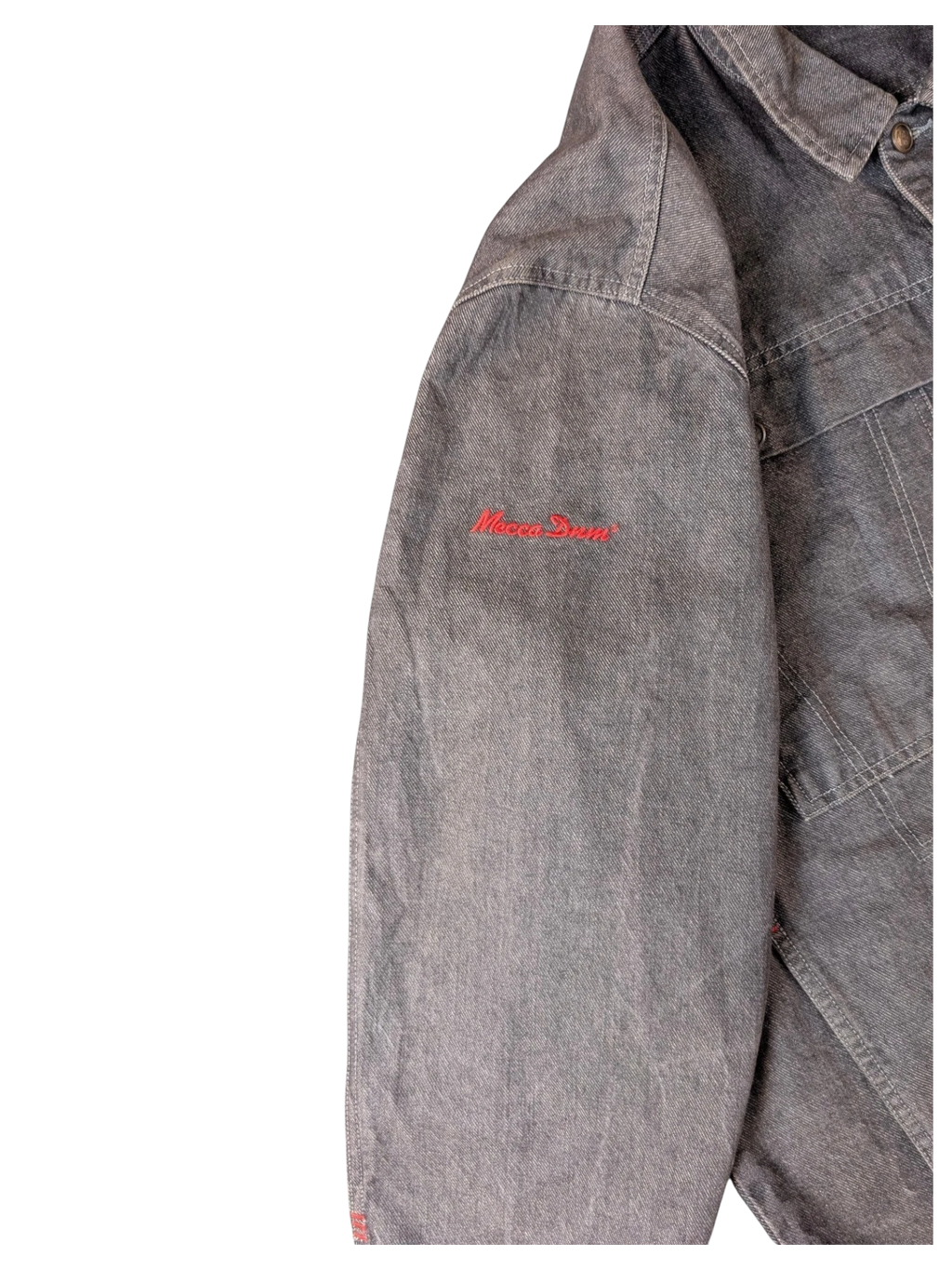 JAKE & IPI A.C.P. grey denim jacket with red embroidered logo on sleeve.