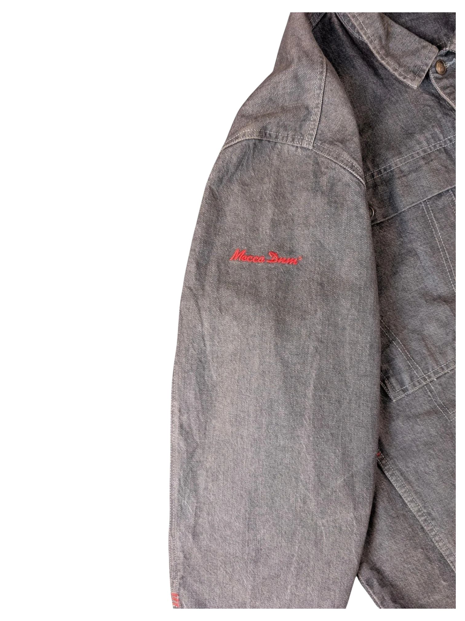 JAKE & IPI A.C.P. grey denim jacket with red embroidered logo on sleeve.
