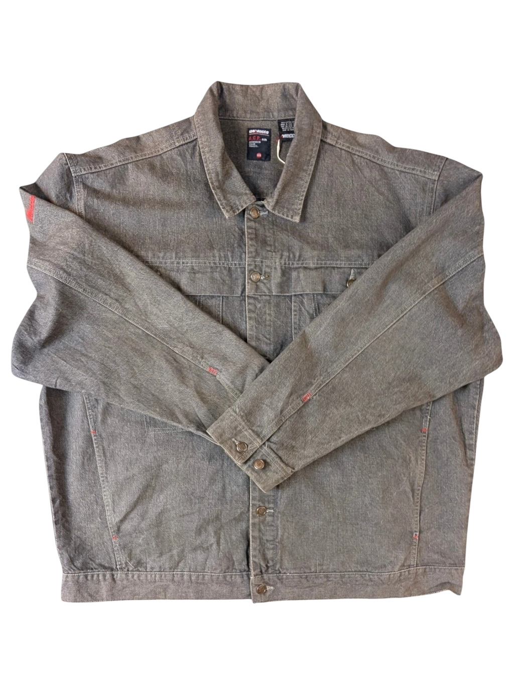 JAKE & IPI A.C.P grey denim jacket with red stitching details on cuffs and shoulder.