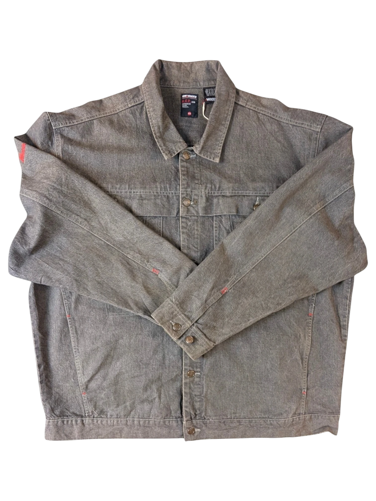 JAKE & IPI A.C.P grey denim jacket with red stitching details on cuffs and shoulder.