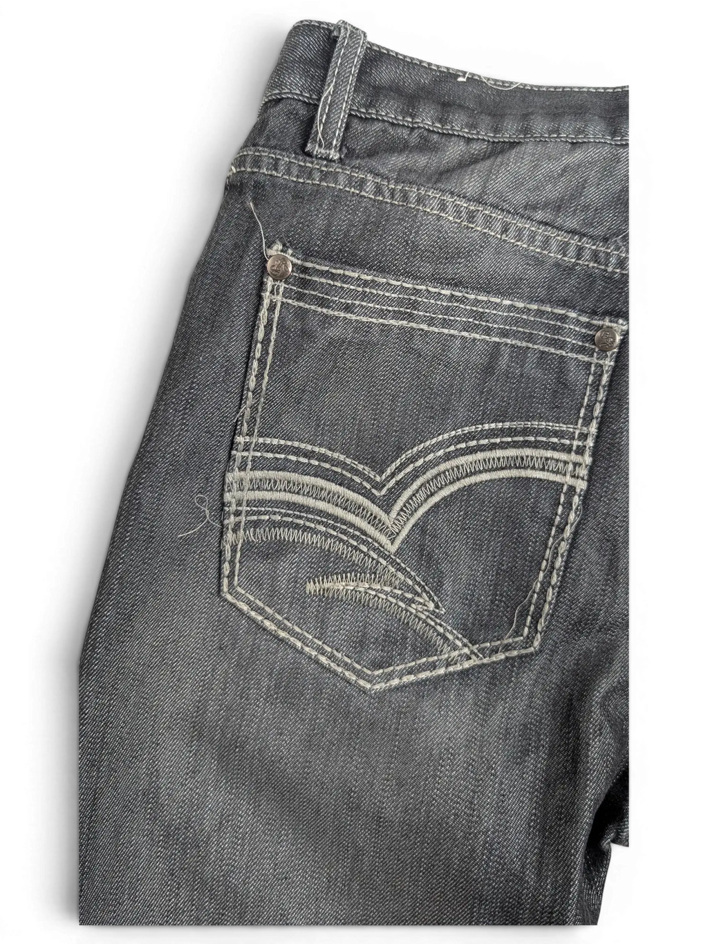 JAKE & IPI Old Skool size 14 grey denim jeans featuring decorative white contrast stitching on the back pocket
