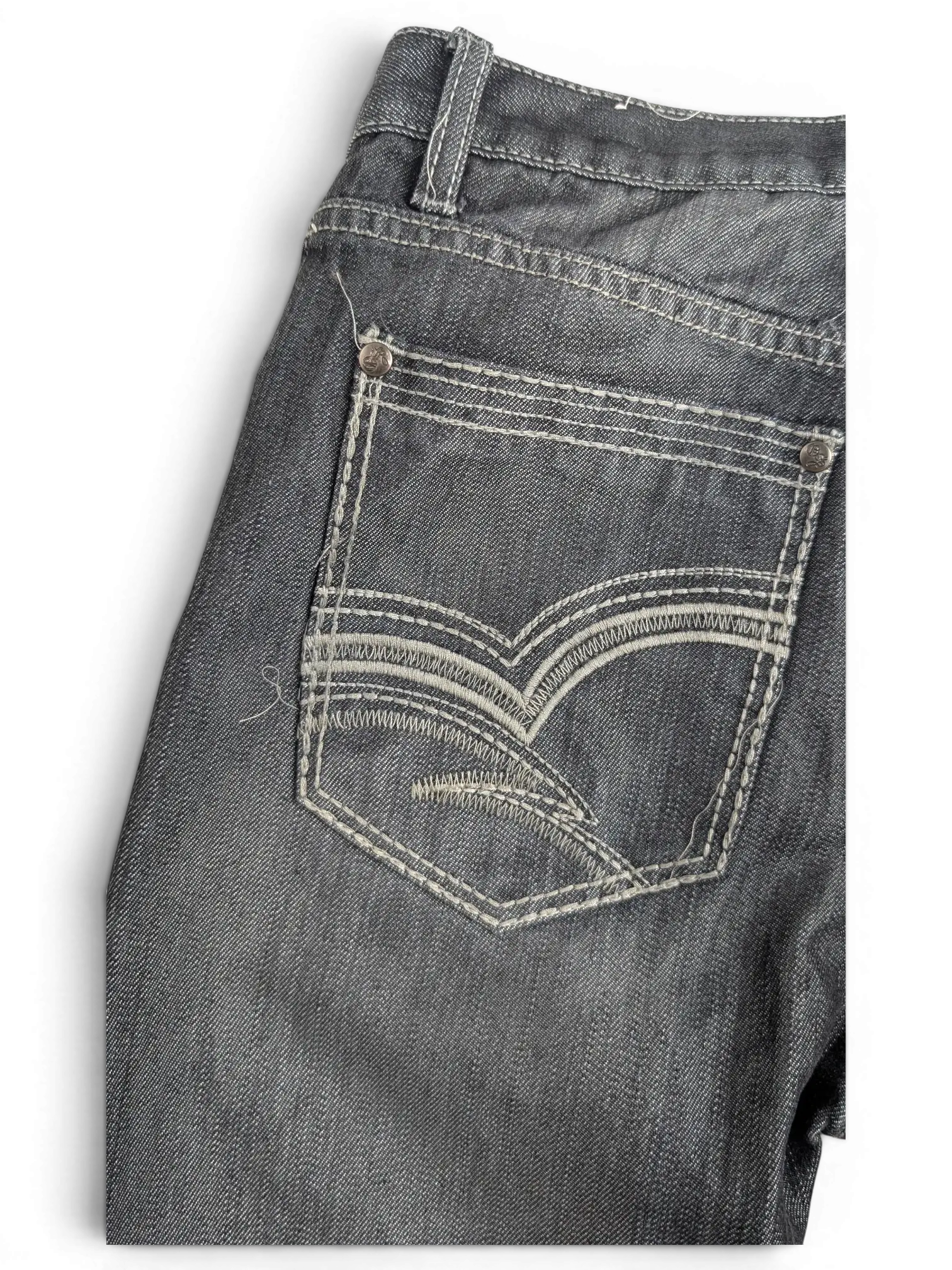 JAKE & IPI Old Skool size 14 grey denim jeans featuring decorative white contrast stitching on the back pocket
