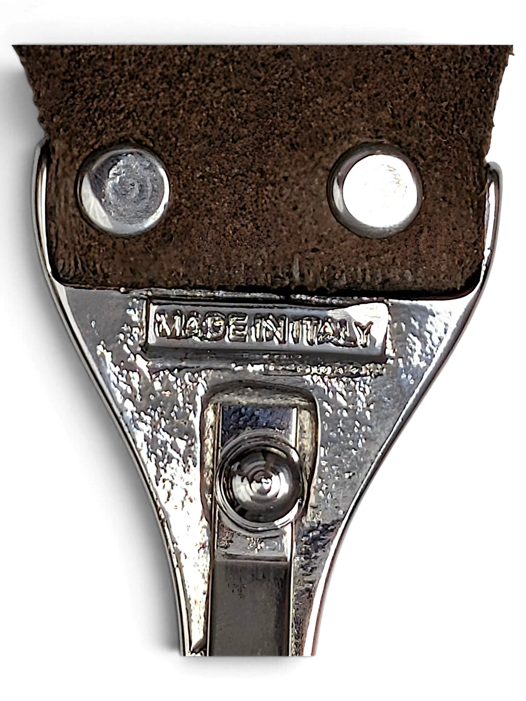 JAKE & IPI grey leather belt featuring a silver metal clasp with Made in Italy engraving and sturdy rivet detail