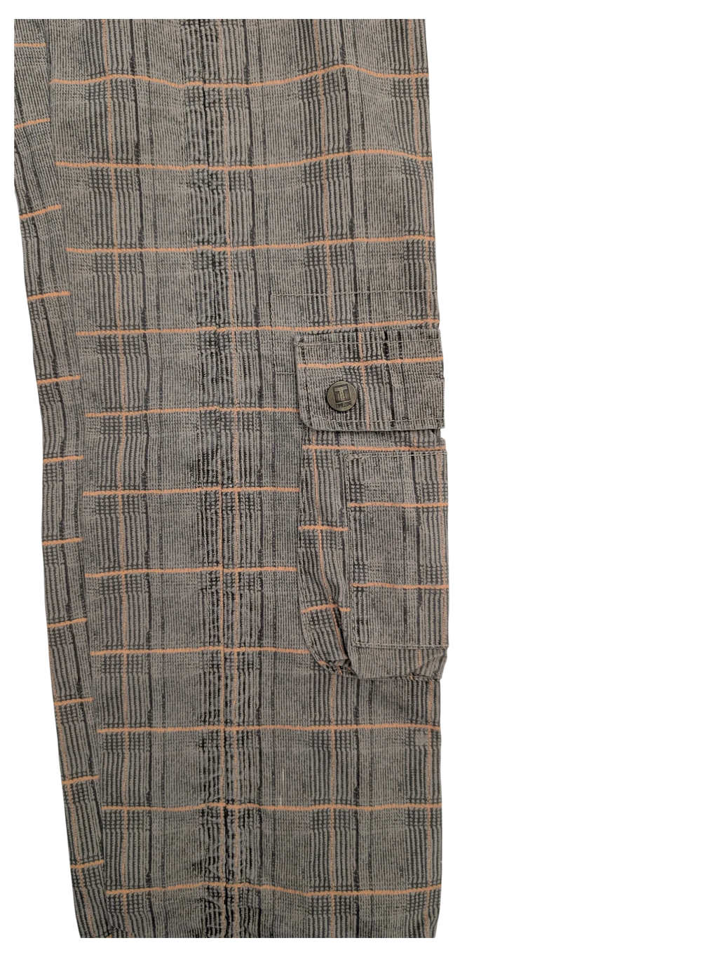 JAKE & IPI grey plaid cargo pants with peach and black lines, featuring a buttoned flap pocket.
