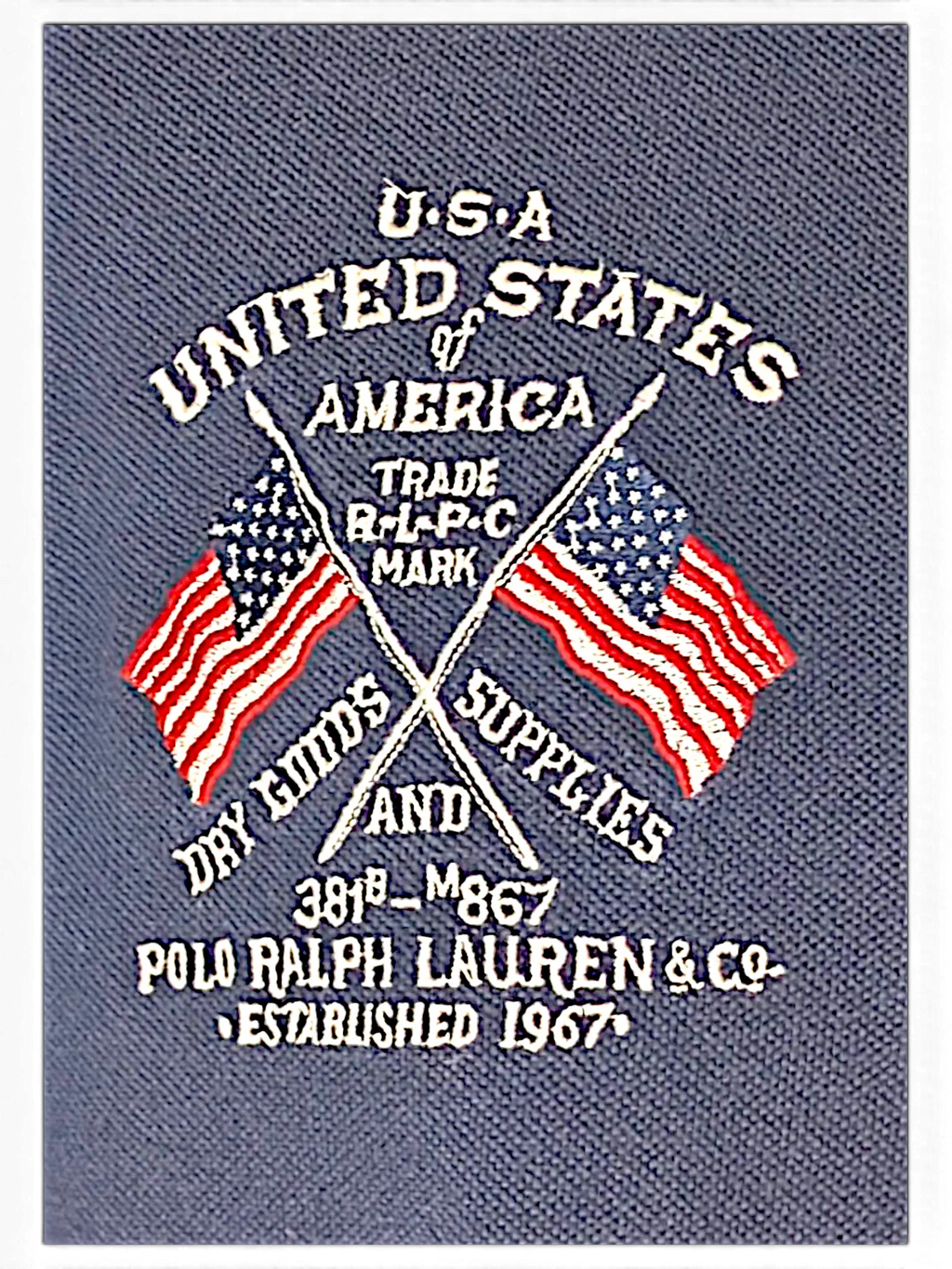 JAKE & IPI navy blue polo shirt featuring an embroidered United States flag and vintage-style text graphic