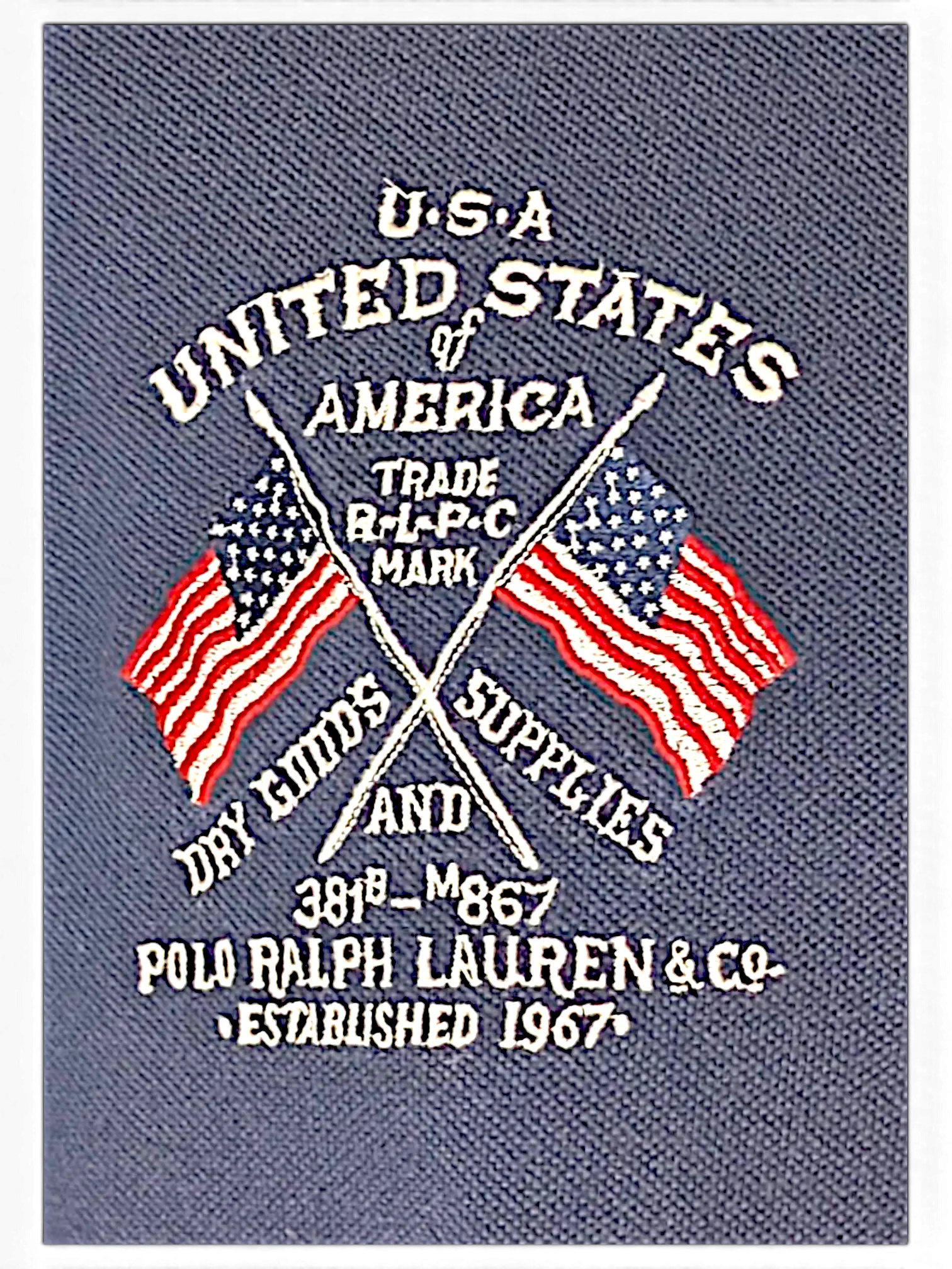 JAKE & IPI navy blue polo shirt featuring an embroidered United States flag and vintage-style text graphic