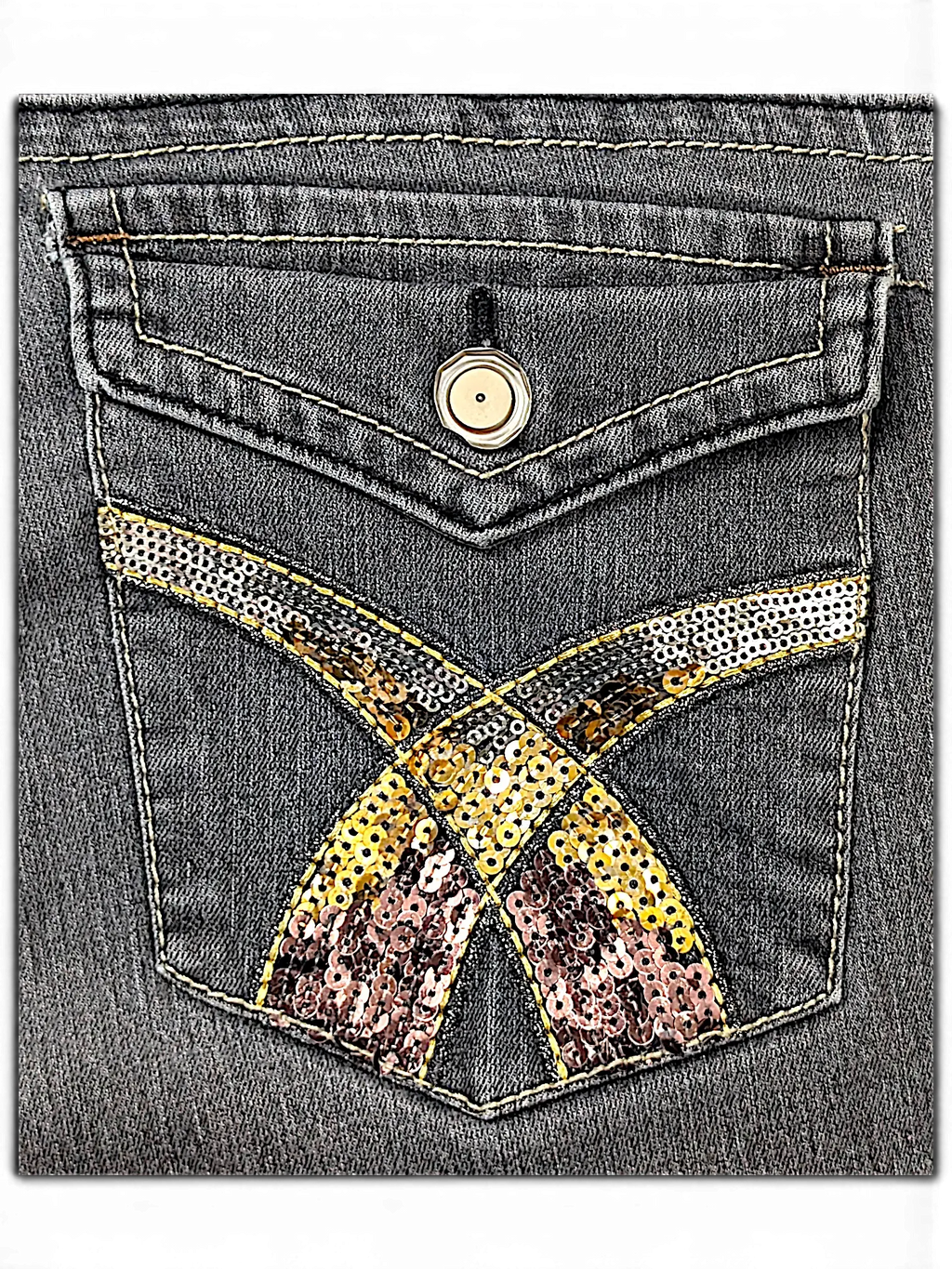 JAKE & IPI grey denim jeans back pocket with a flap button closure and decorative crisscross sequin detail