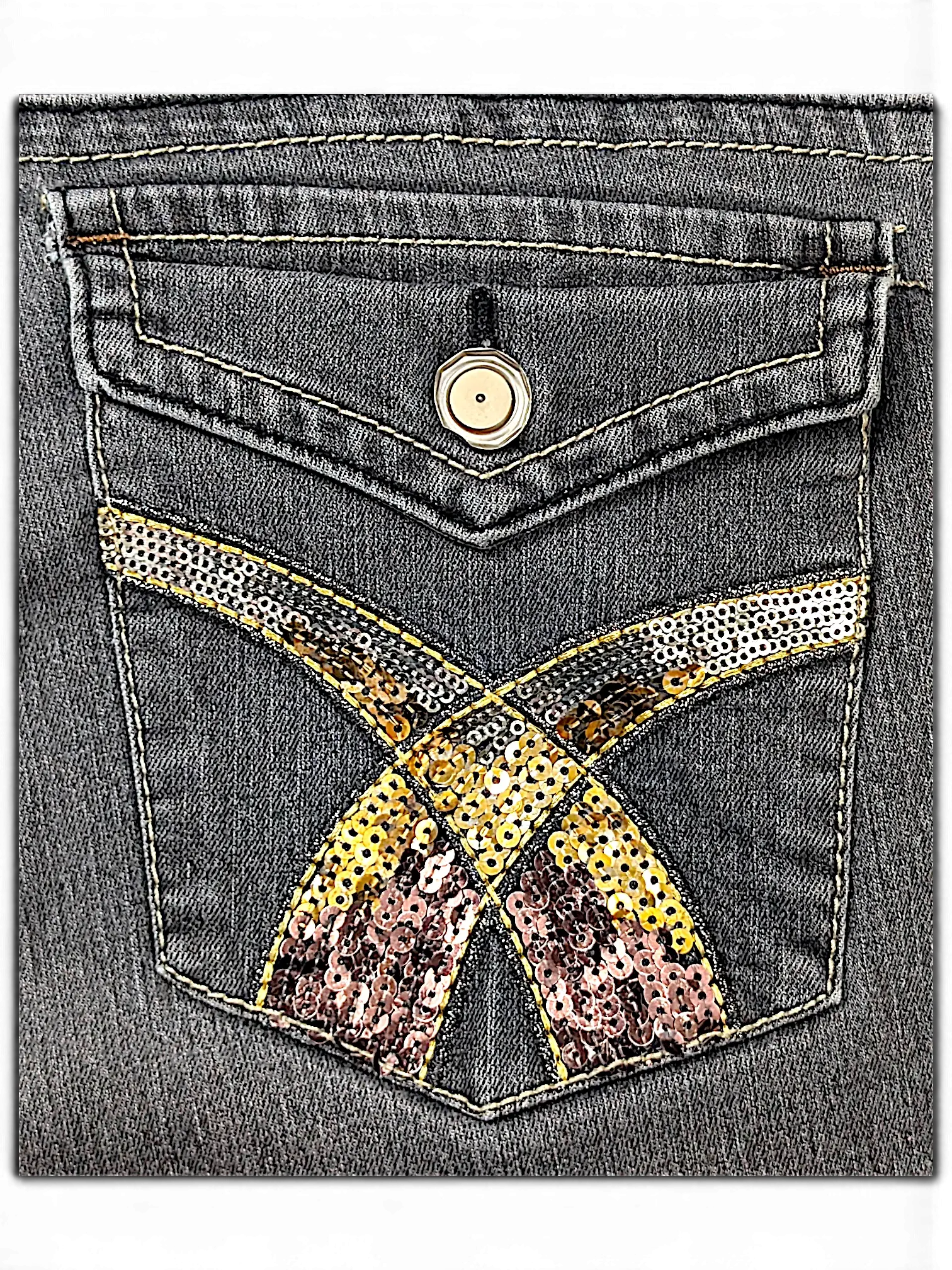 JAKE & IPI grey denim jeans back pocket with a flap button closure and decorative crisscross sequin detail