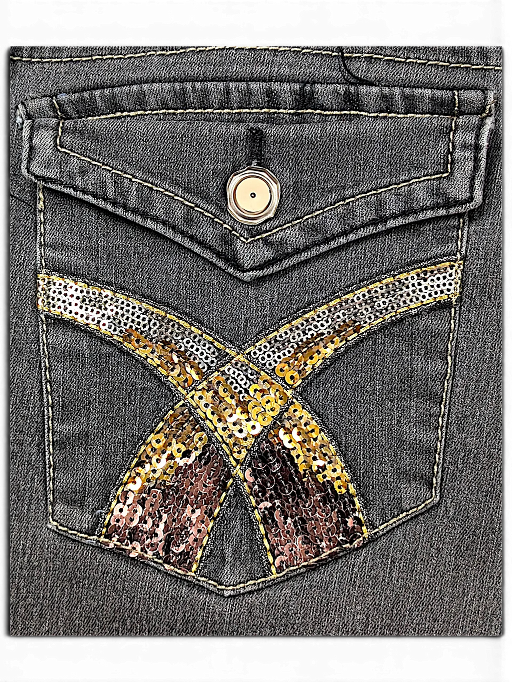 JAKE & IPI grey denim jeans back pocket with metallic sequin X-pattern detail and button flap closure