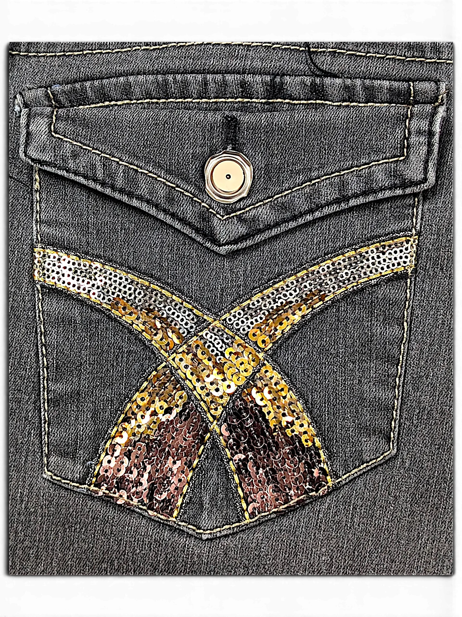 JAKE & IPI grey denim jeans back pocket with metallic sequin X-pattern detail and button flap closure