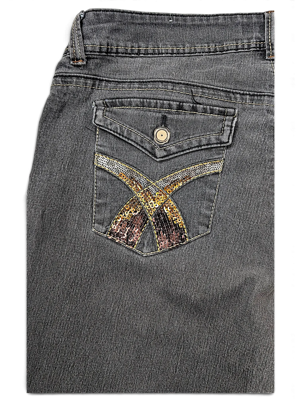 JAKE & IPI grey denim jeans featuring a back pocket with gold and bronze sequin cross detailing and a button flap.