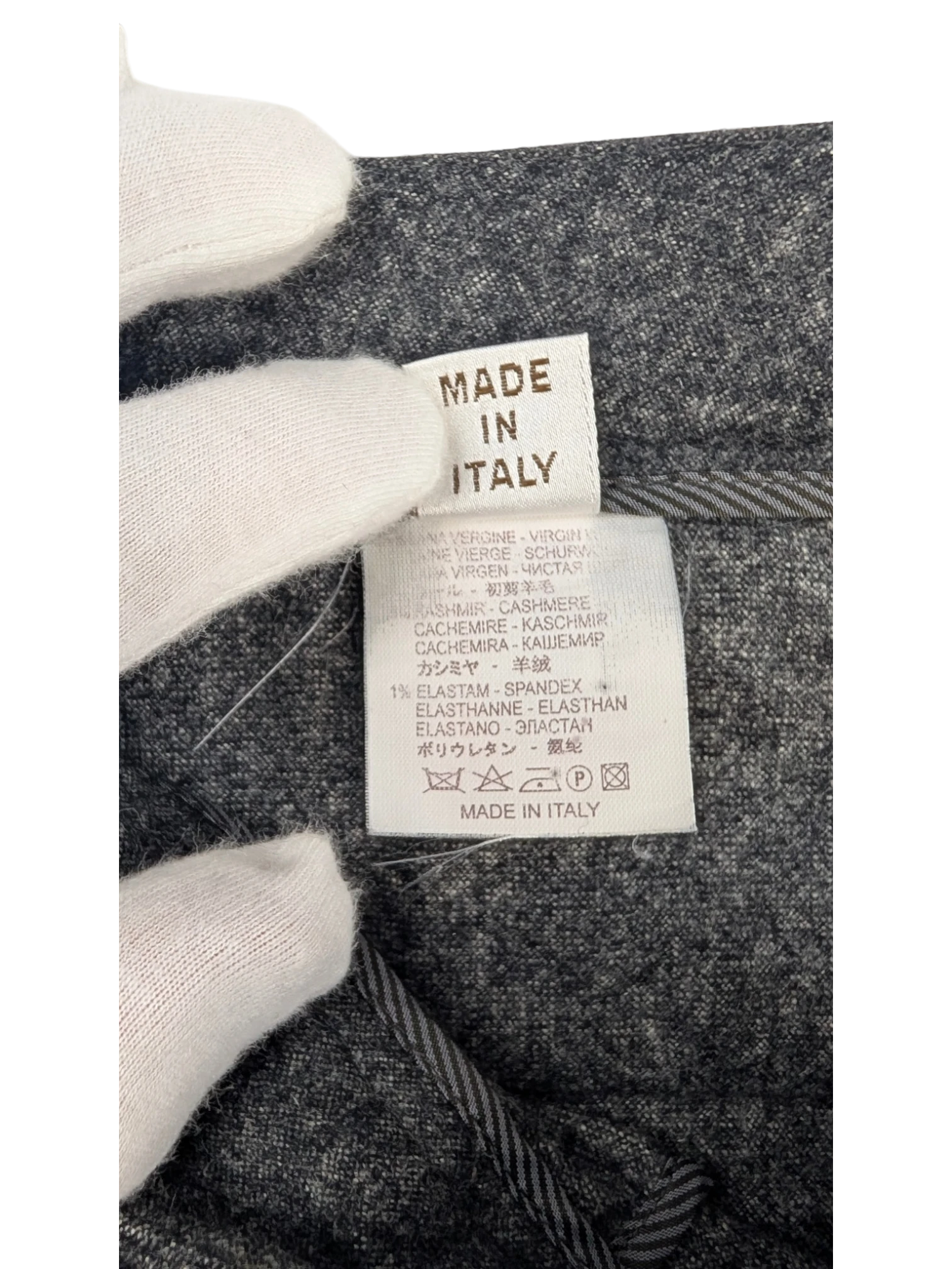JAKE & IPI grey mélange wool blend tailored trousers with a subtle taper and horn-style buttons.