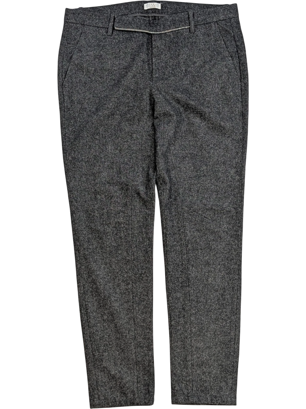 JAKE & IPI grey mélange wool blend flannel tailored trousers with a subtle taper and zip fly.