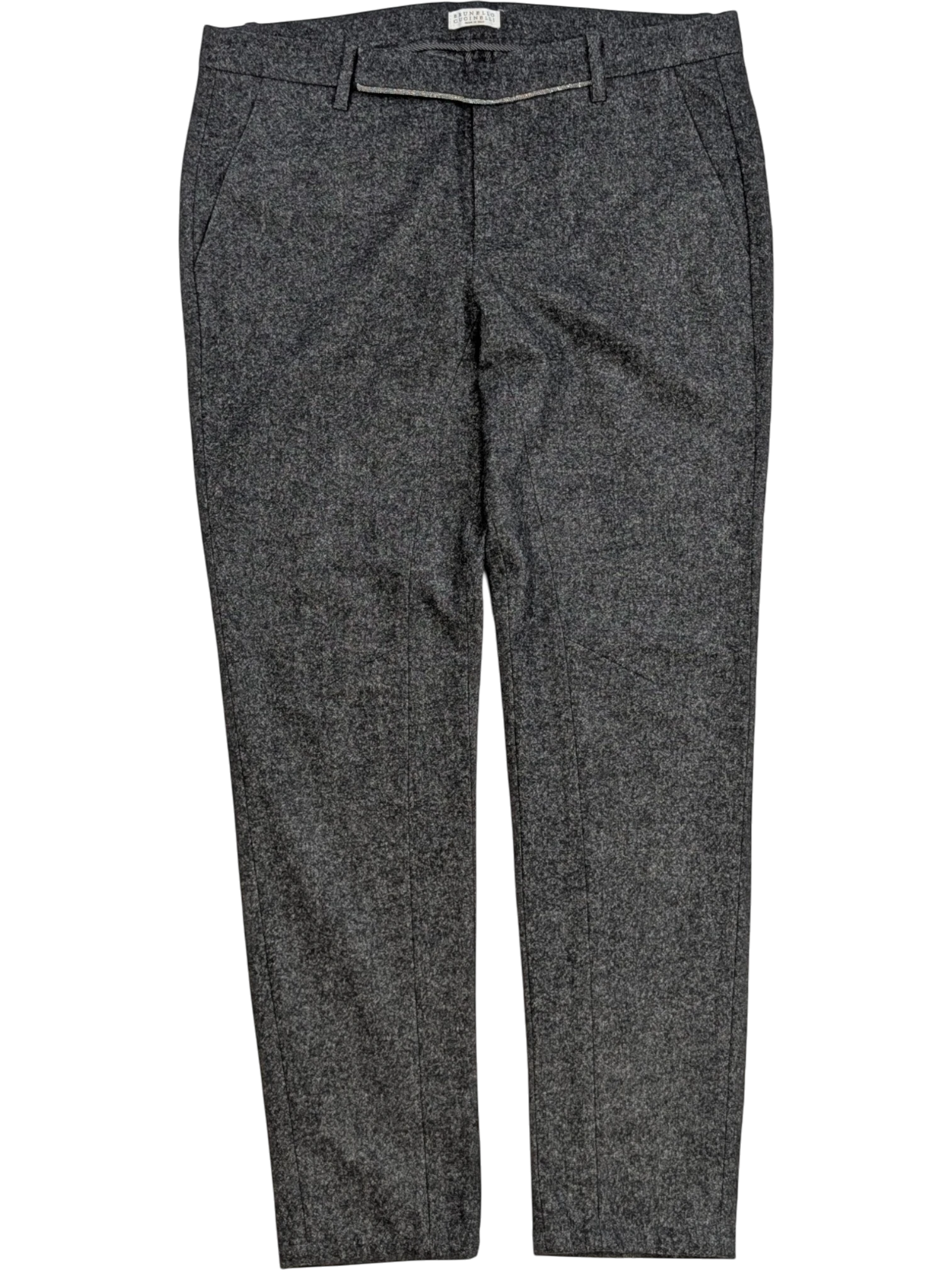 JAKE & IPI grey mélange wool blend flannel tailored trousers with a subtle taper and zip fly.