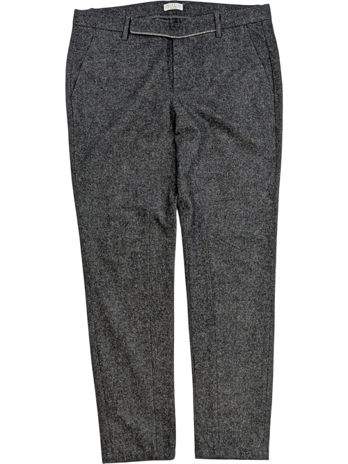 JAKE & IPI grey mélange wool blend flannel tailored trousers with a subtle taper and zip fly.