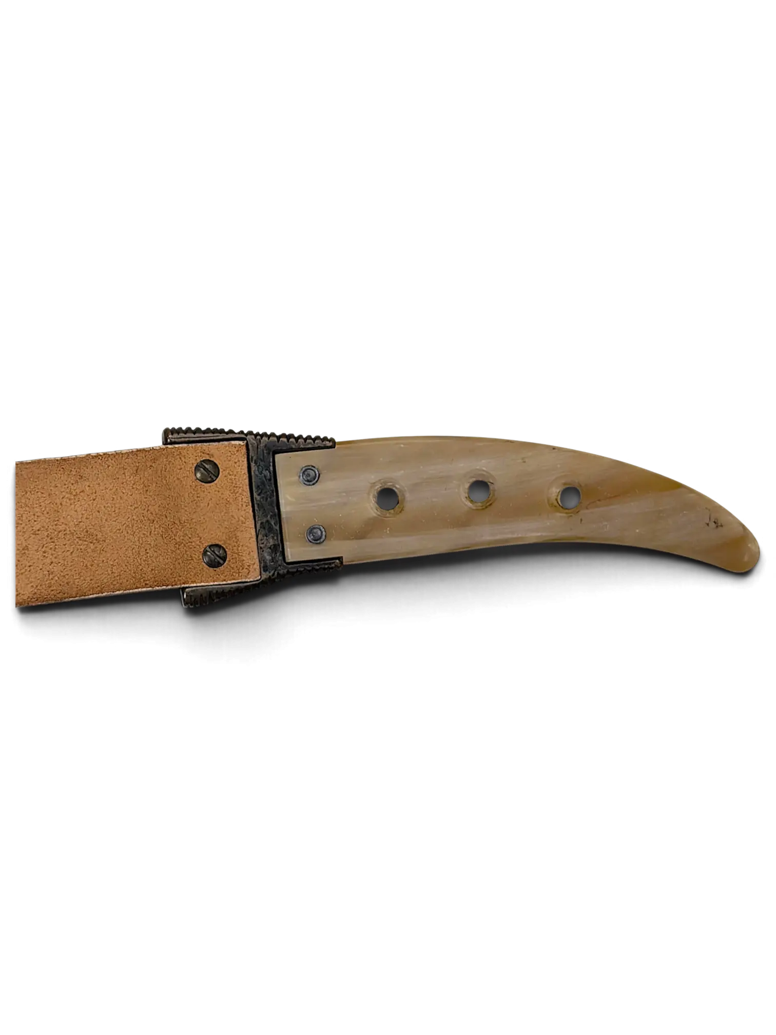 JAKE & IPI Griginialle leather belt featuring a unique curved horn buckle with metal hardware on a black background.