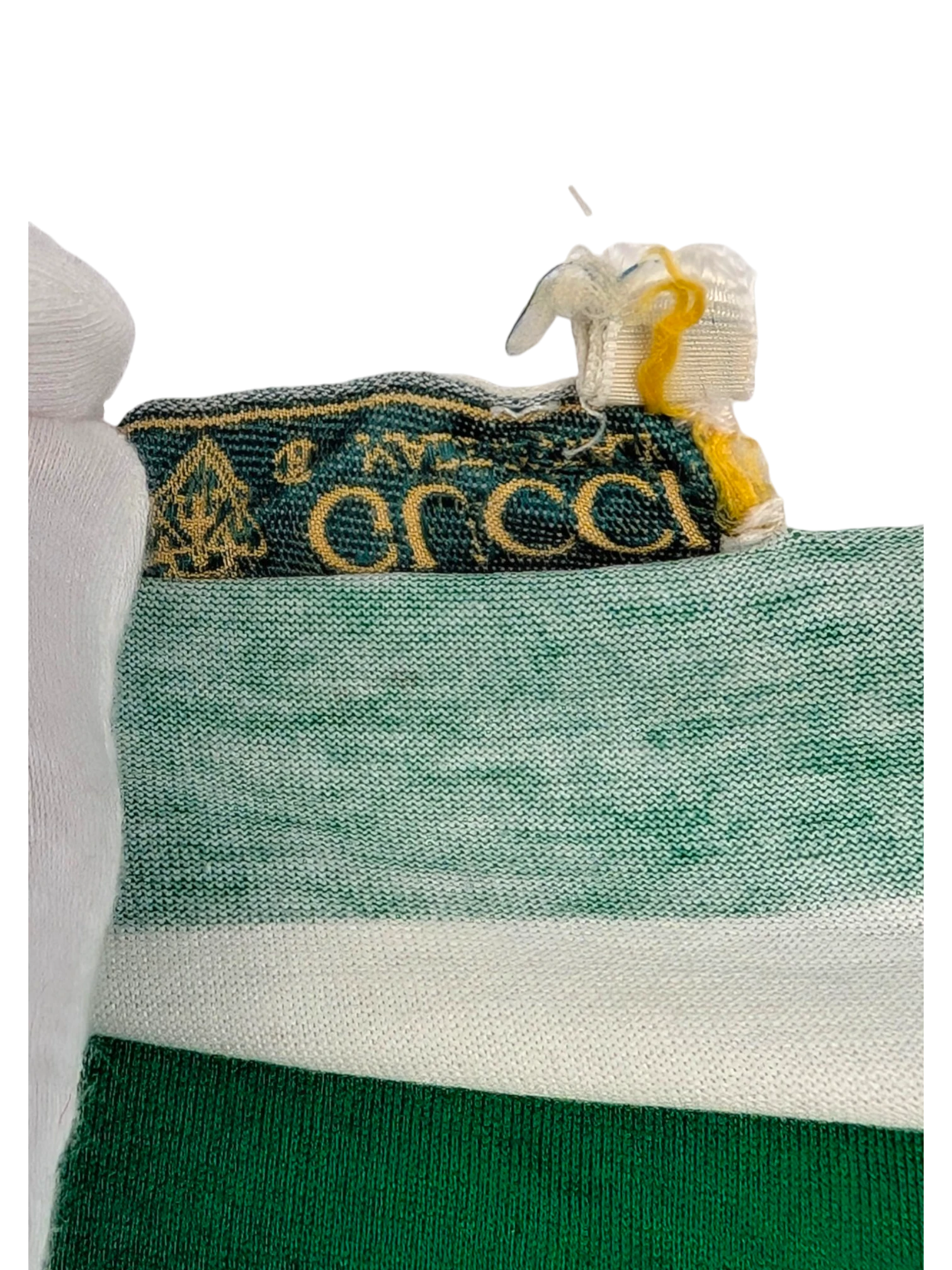 JAKE & IPI vintage 70s/80s Gucci green and white striped cotton t-shirt with GG emblem and rope detail.