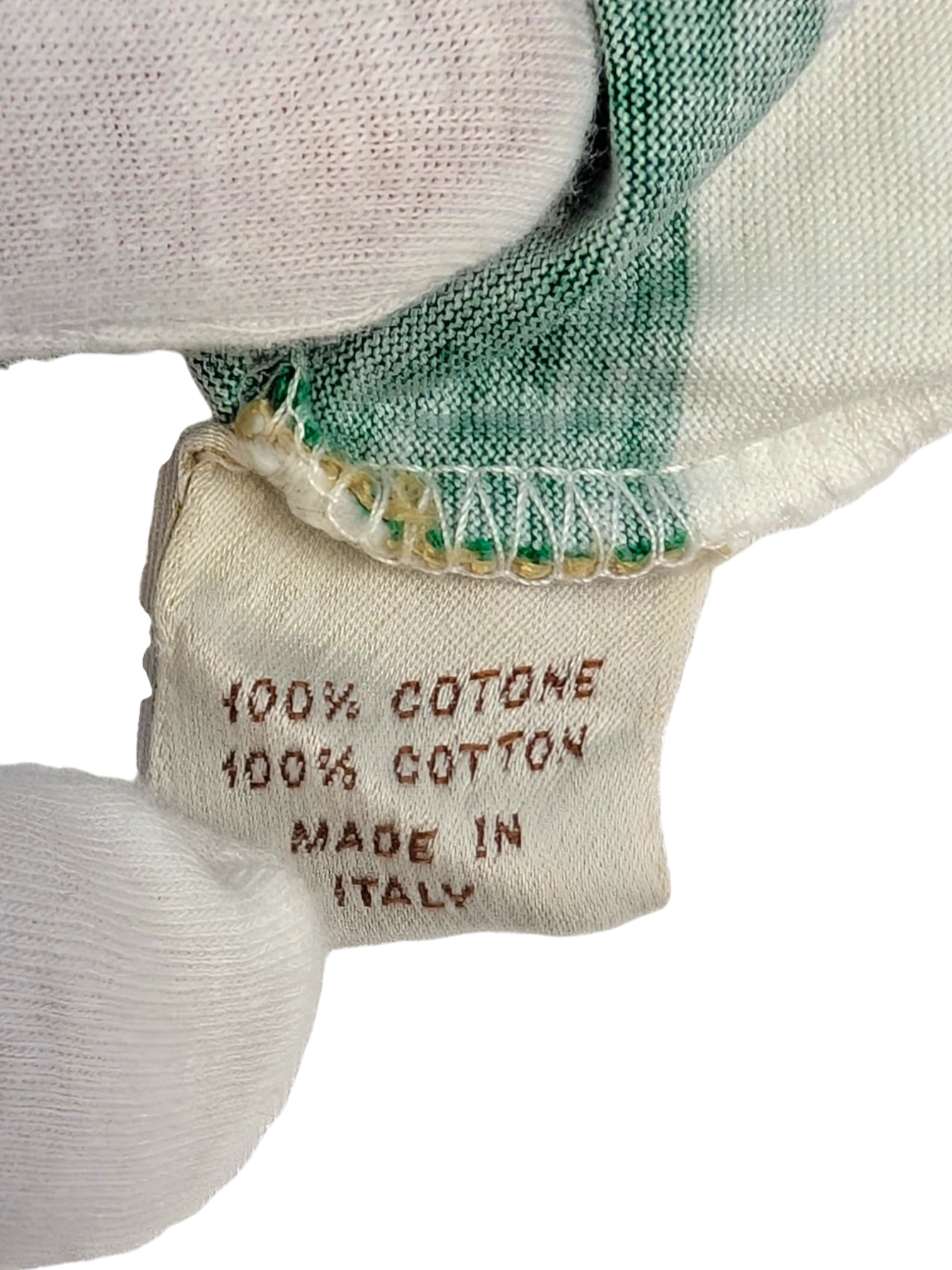 JAKE & IPI vintage 70s/80s Gucci nautical t-shirt, green and white stripes, 100% cotton, made in Italy.