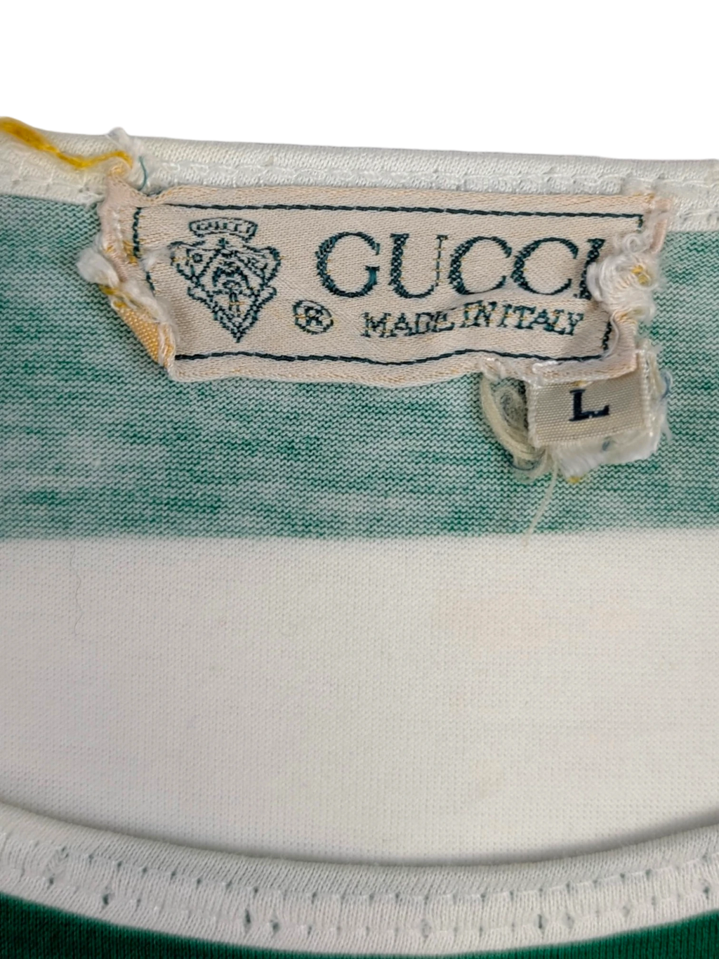 JAKE & IPI Vintage 70s/80s Gucci green and white striped cotton t-shirt with GG emblem and rope detail. Size L.