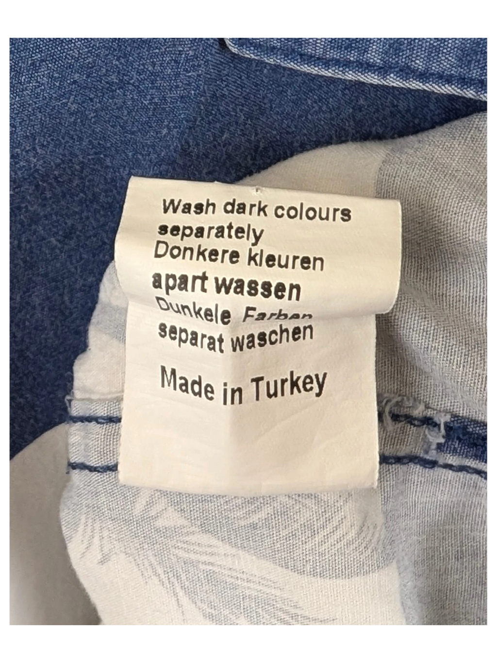 JAKE & IPI R2 Amsterdam Hawaiian shirt care label showing washing instructions and Made in Turkey origin