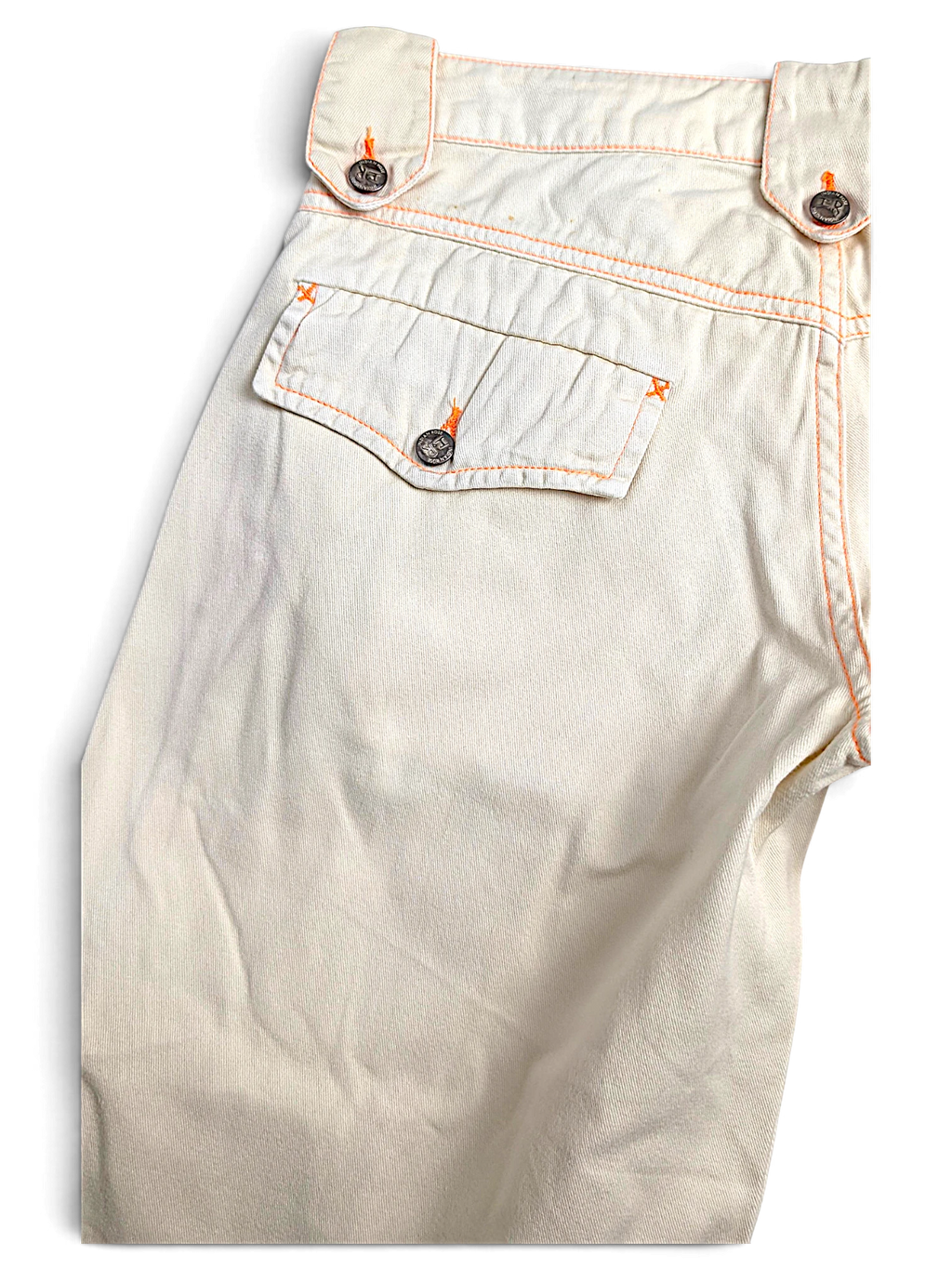 JAKE & IPI Indian Rose white cotton cargo pants with orange contrast stitching and utility pocket detail
