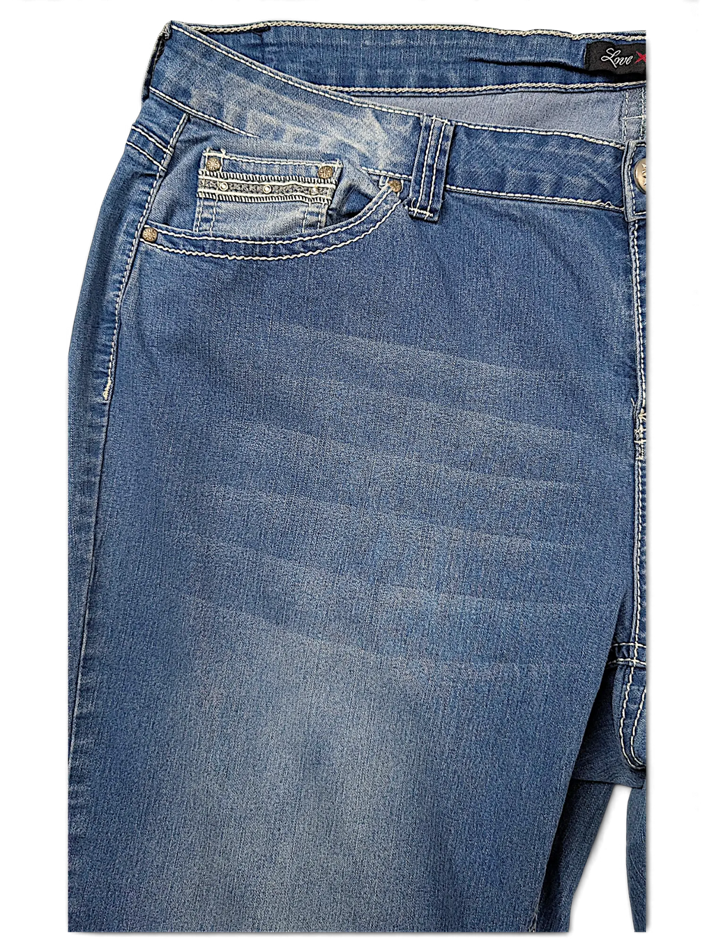 JAKE & IPI Love X Indigo Y2K jeans in medium wash denim with white contrast stitching and embellished coin pocket.