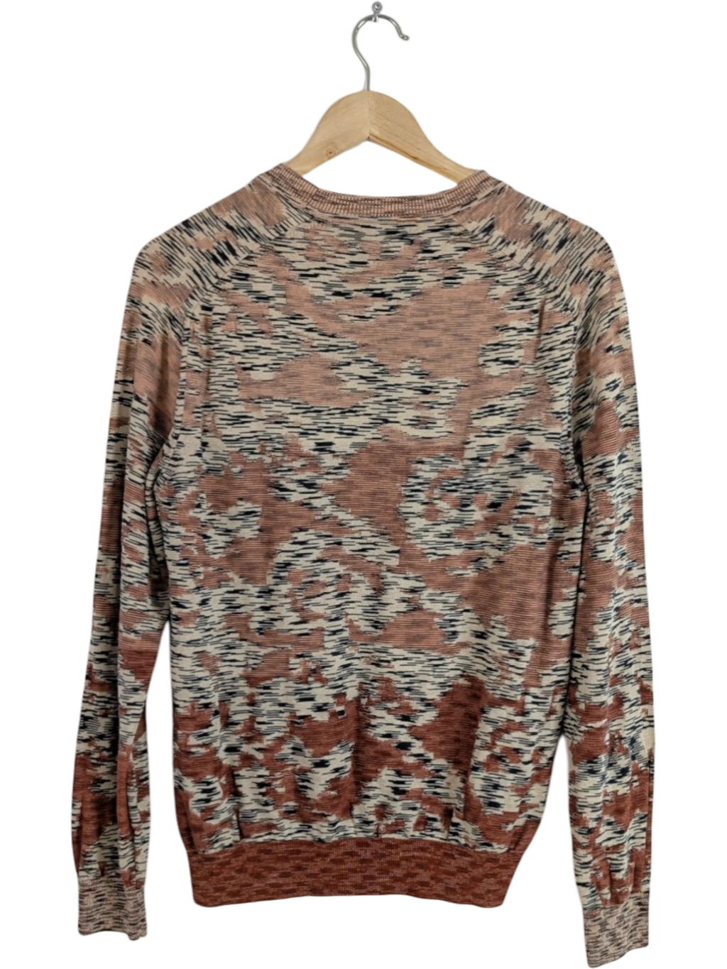 JAKE & IPI crewneck sweater with abstract jacquard knit in rust, beige, cream, and charcoal. Ribbed collar, cuffs, and hem. Made in Italy.