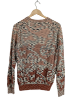 JAKE & IPI crewneck sweater with abstract jacquard knit in rust, beige, cream, and charcoal. Ribbed collar, cuffs, and hem. Made in Italy.