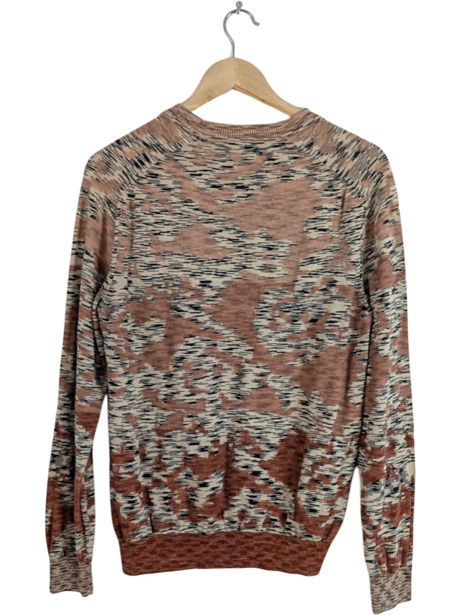 JAKE & IPI crewneck sweater with abstract jacquard knit in rust, beige, cream, and charcoal. Ribbed collar, cuffs, and hem. Made in Italy.
