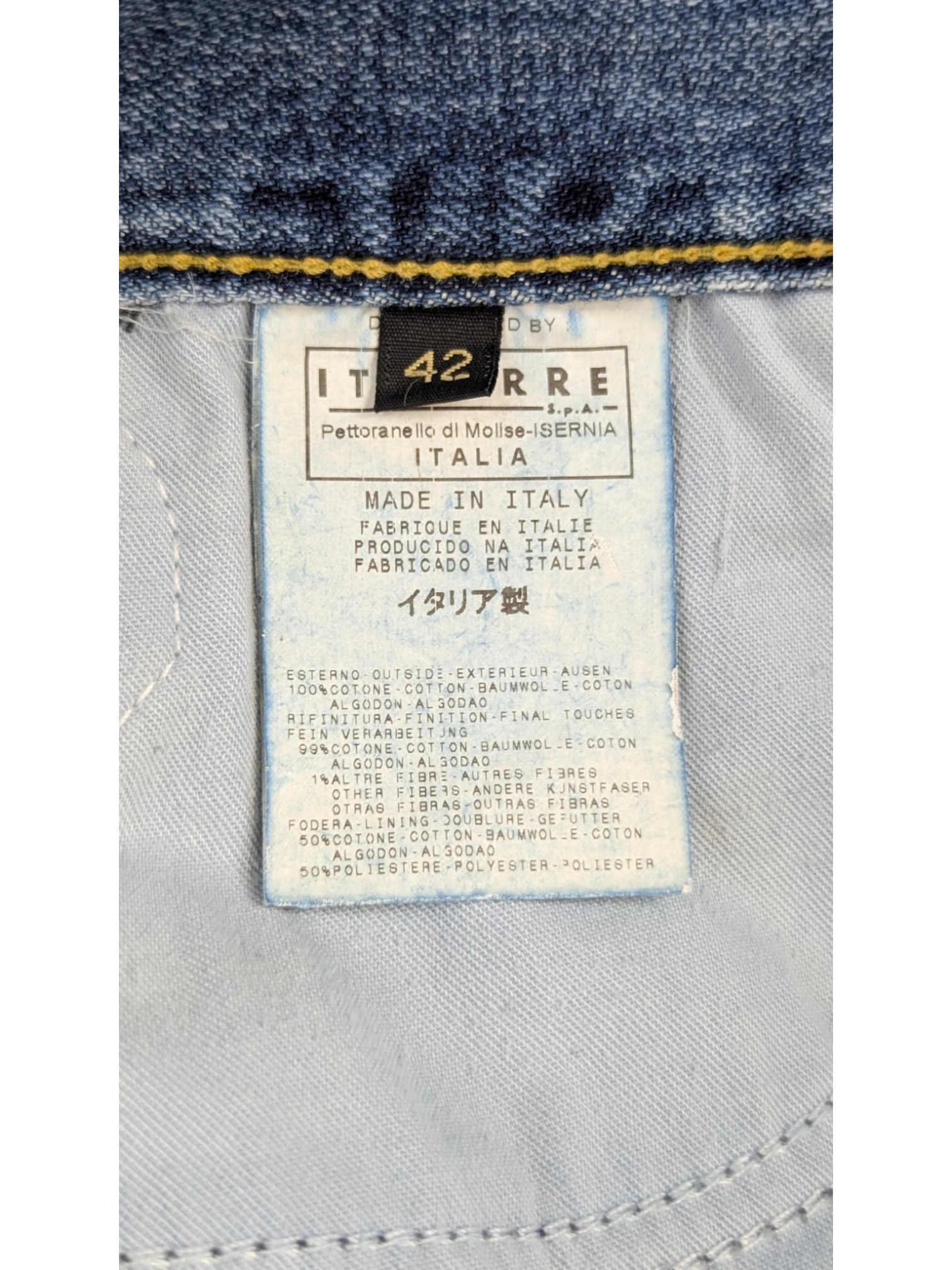 JAKE & IPI Just Cavalli blue denim mini skirt with patchwork, rhinestones, and graphic details. Y2K era, IT 42.