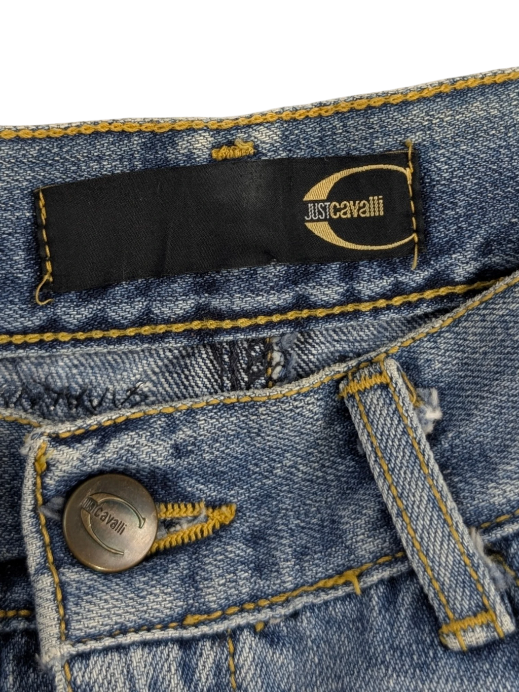 JAKE & IPI Just Cavalli blue denim mini skirt with patchwork, rhinestones, and graphic details. Y2K era.