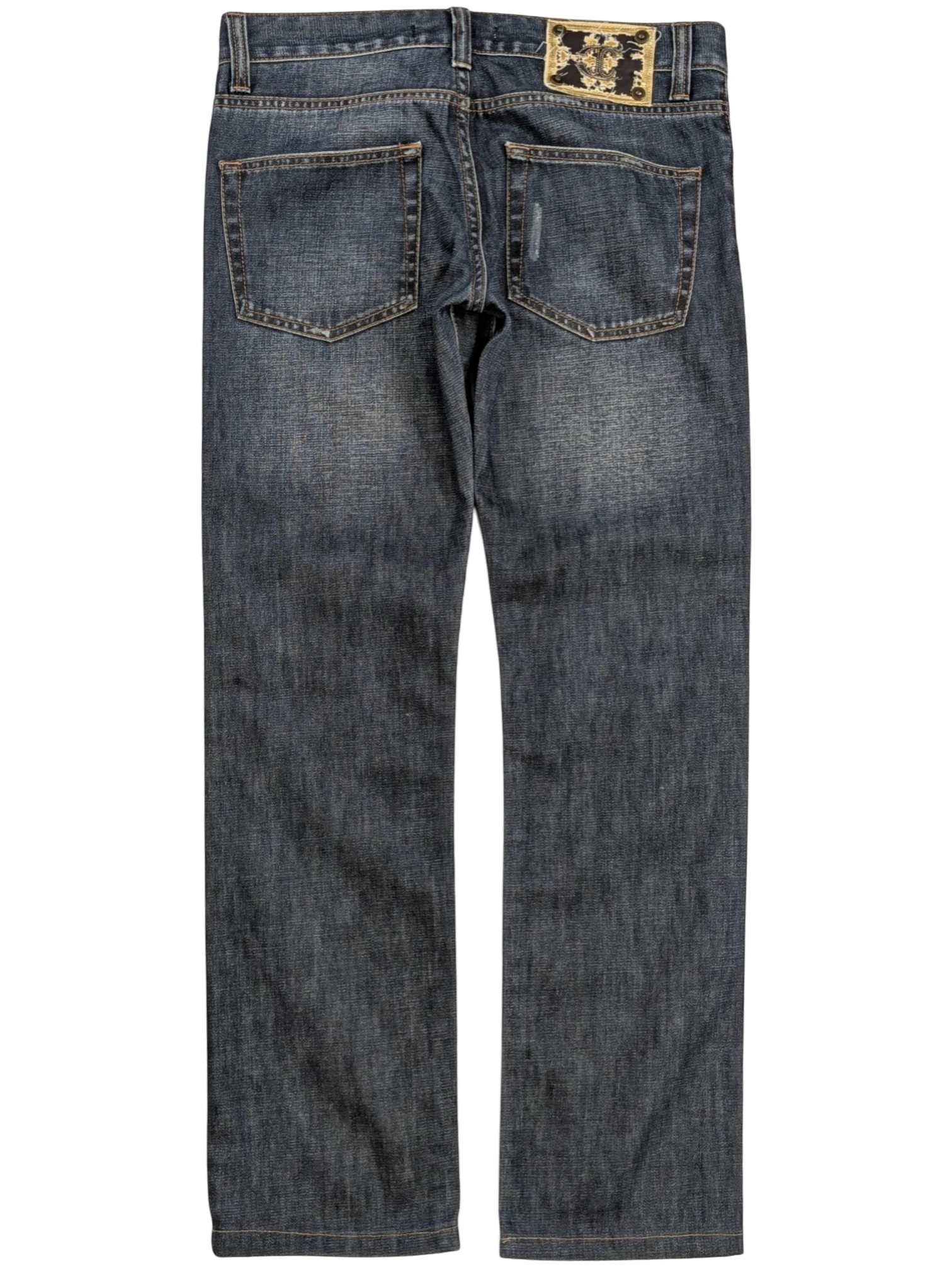 JAKE & IPI Just Cavalli distressed medium-wash blue denim straight-leg jeans with leather logo patch and tobacco stitching.