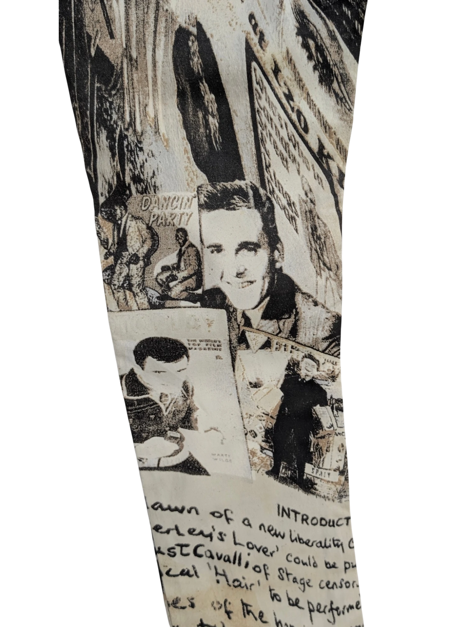 JAKE & IPI Just Cavalli newspaper print slim-fit jeans in sepia, cream, and black. Y2K era.
