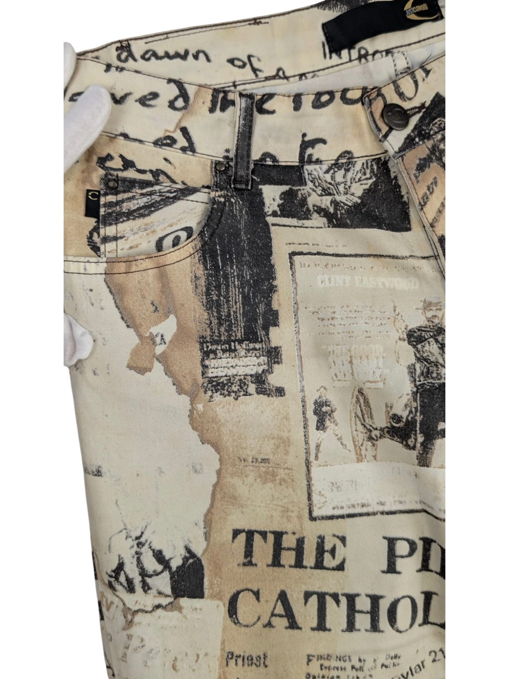 JAKE & IPI Just Cavalli newspaper print slim-fit jeans in sepia, cream, and black. Y2K era.