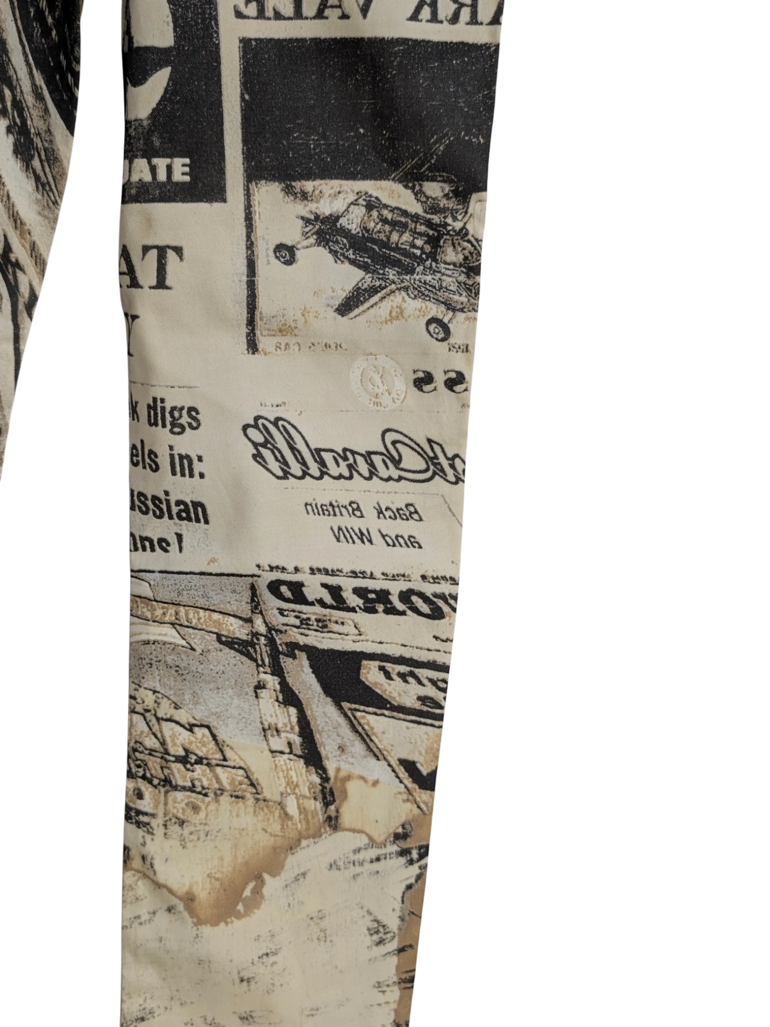 JAKE & IPI Just Cavalli newspaper print slim fit jeans in sepia, cream, and black. Y2K era.
