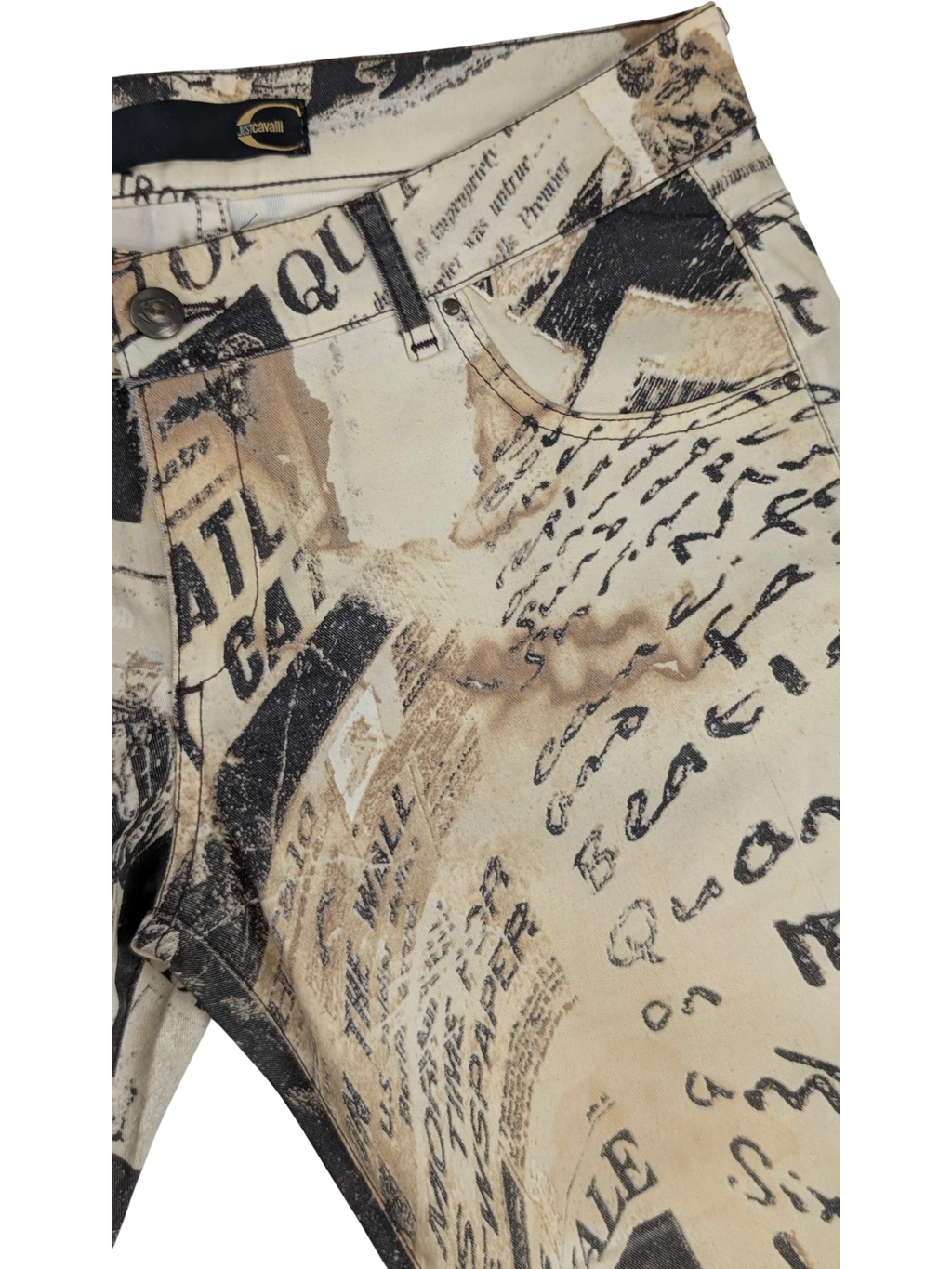 JAKE & IPI Just Cavalli newspaper print slim fit jeans in sepia, cream, and black. Y2K era.