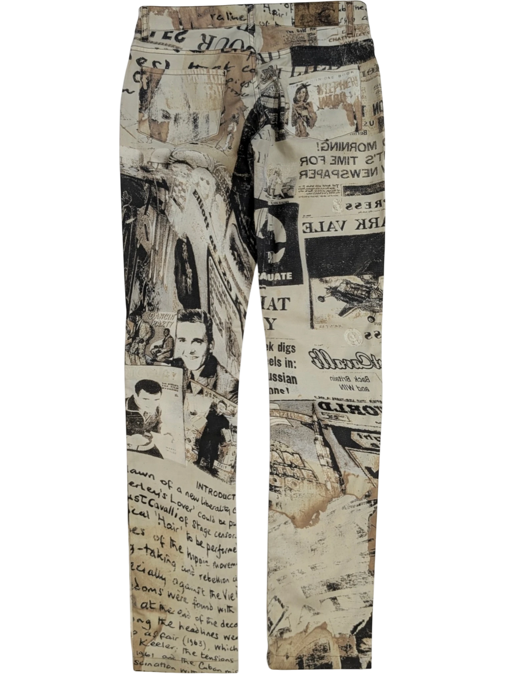 JAKE & IPI Just Cavalli newspaper print slim fit jeans in sepia, cream, and black. Y2K era.
