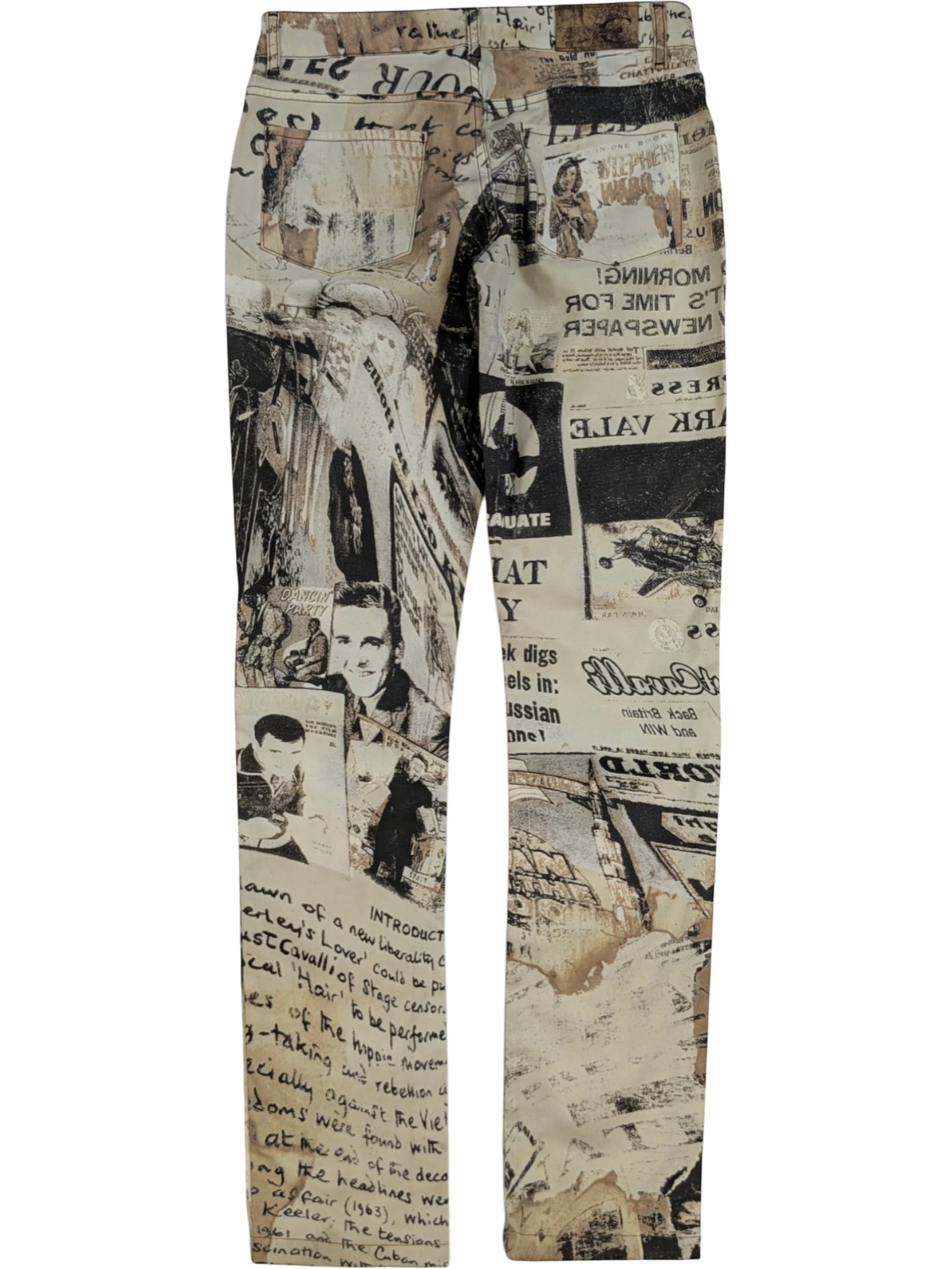 JAKE & IPI Just Cavalli newspaper print slim fit jeans in sepia, cream, and black. Y2K era.