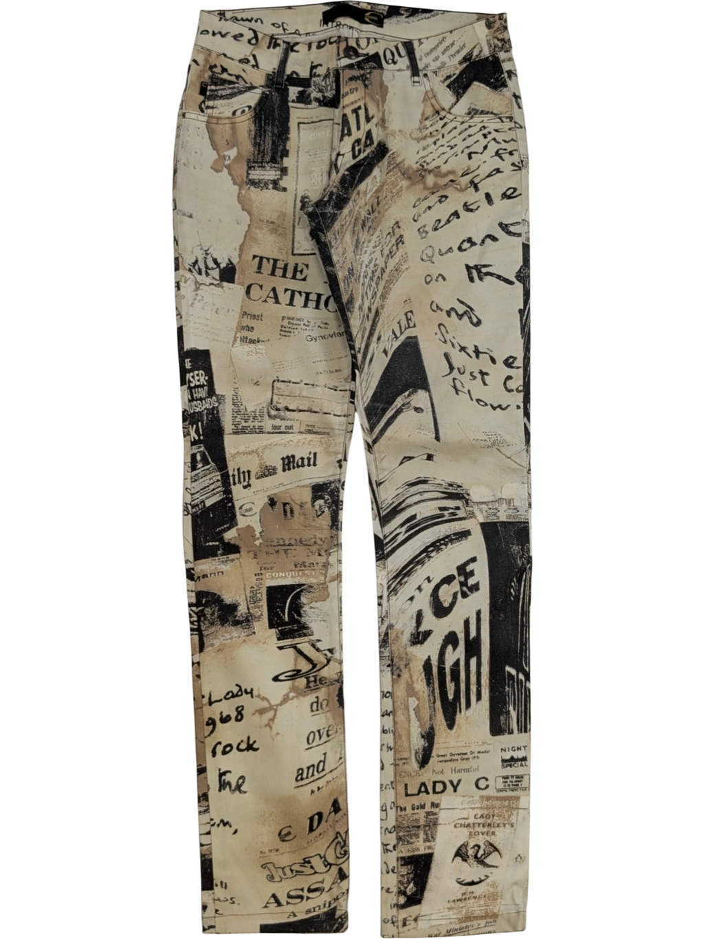JAKE & IPI Just Cavalli newspaper print slim fit jeans in sepia, cream, and black. Y2K era.
