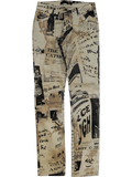 JAKE & IPI Just Cavalli newspaper print slim fit jeans in sepia, cream, and black. Y2K era.