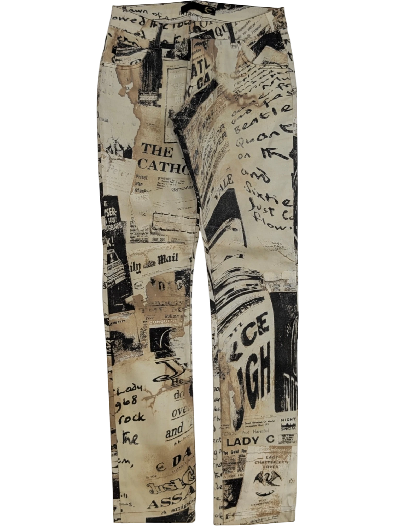 JAKE & IPI Just Cavalli newspaper print slim fit jeans in sepia, cream, and black. Y2K era.