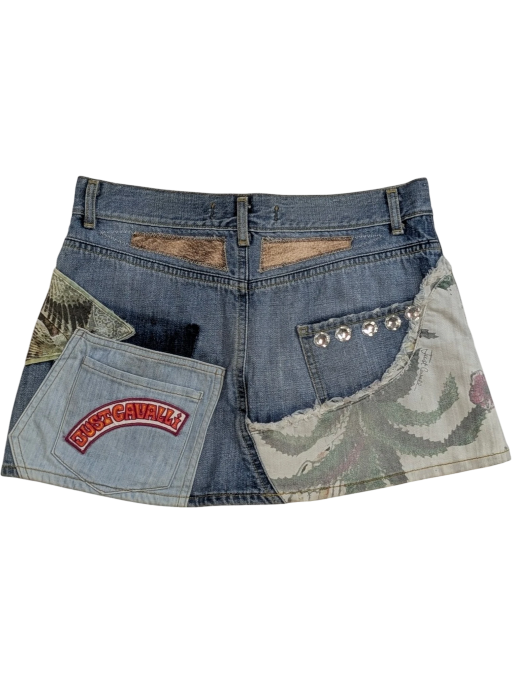 JAKE & IPI Just Cavalli patchwork denim mini skirt with rhinestone embellishments and graphic print details.