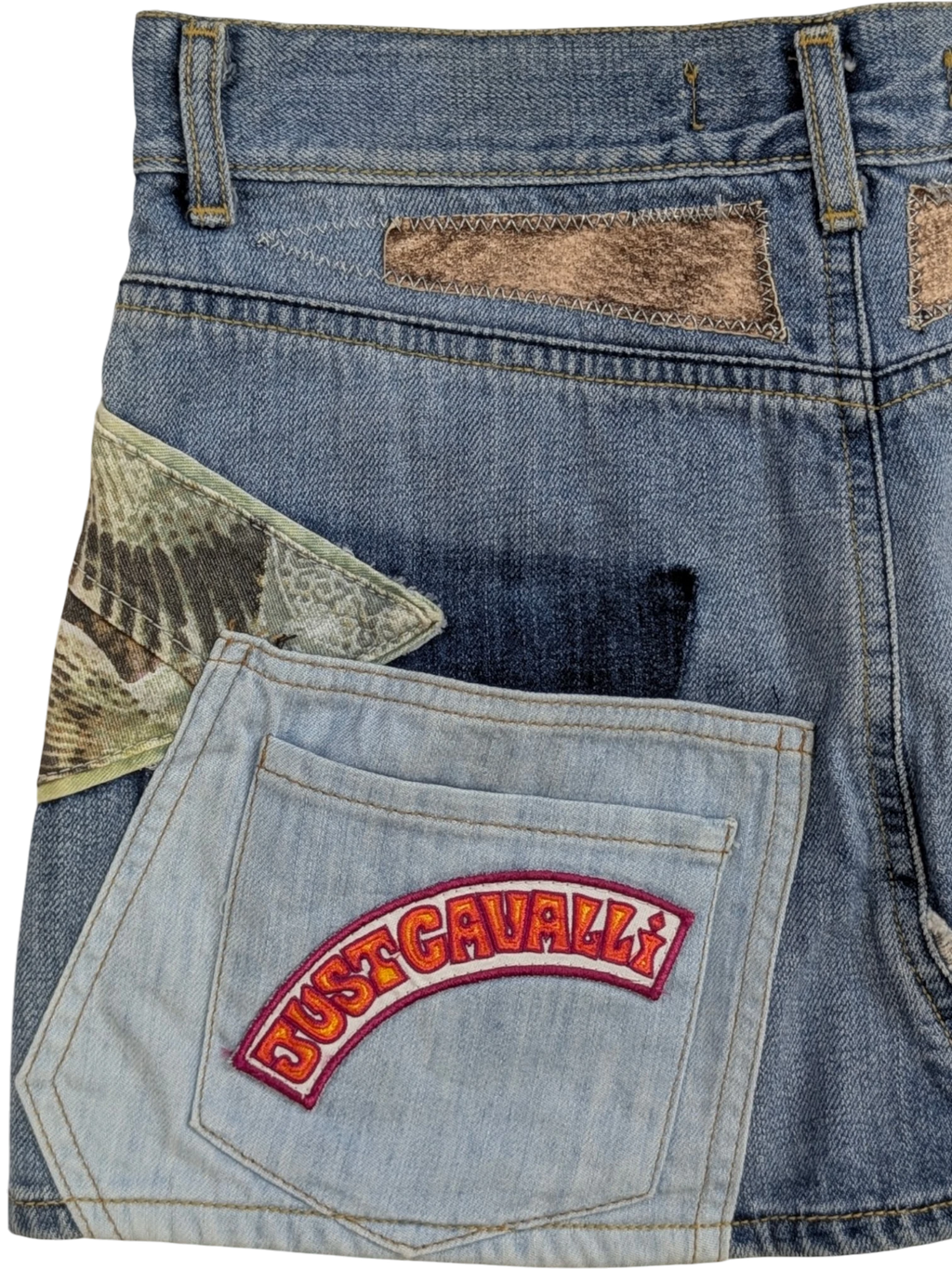 JAKE & IPI Just Cavalli patchwork denim mini skirt with graphic print, rhinestone embellishments, and embroidered logo.
