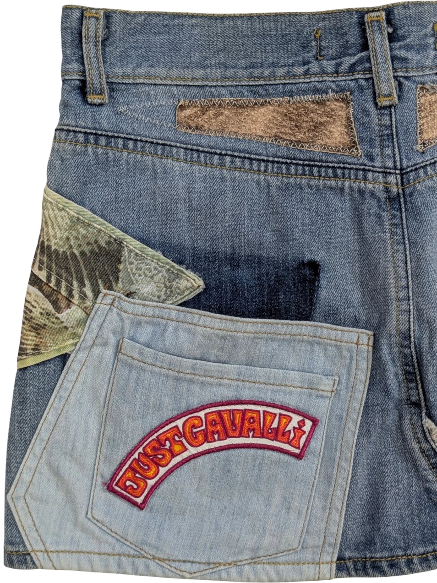 JAKE & IPI Just Cavalli patchwork denim mini skirt with graphic print, rhinestone embellishments, and embroidered logo.