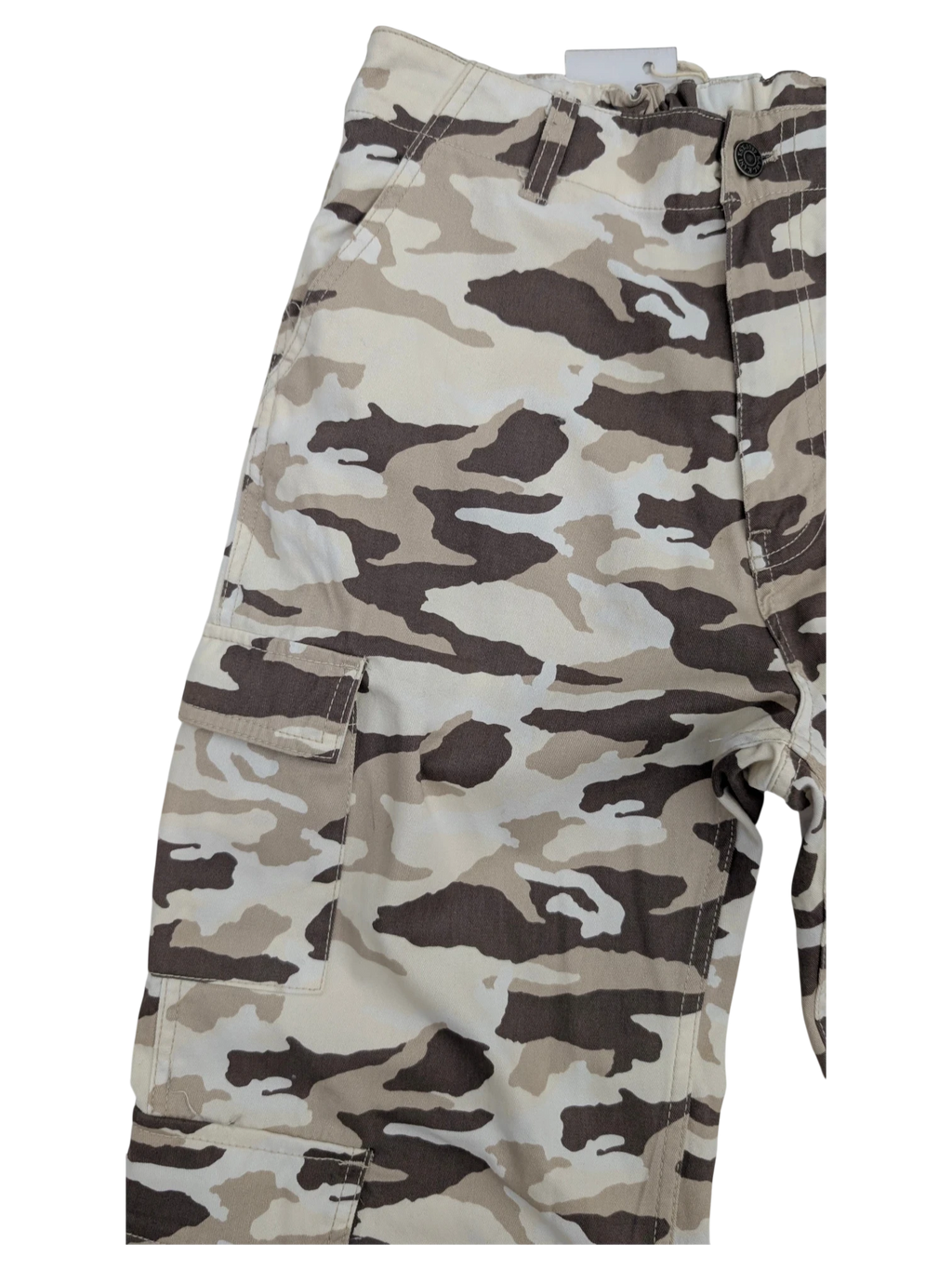 JAKE & IPI Karl Kani camouflage cargo pants in beige, brown, and white. Cotton blend with multiple pockets.