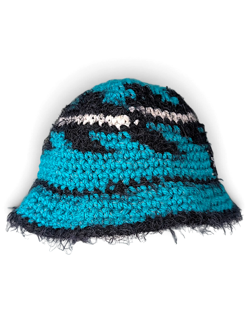 JAKE & IPI IBE knitted bucket hat in teal, black, and white with a textured, fringed brim.