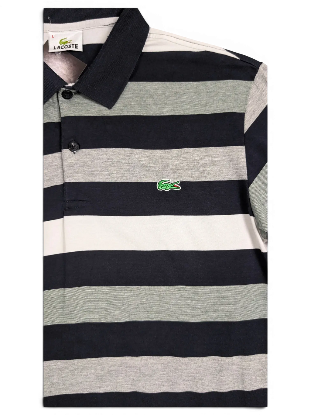JAKE & IPI pre-owned Lacoste navy, grey, and white horizontal striped polo shirt with embroidered crocodile logo